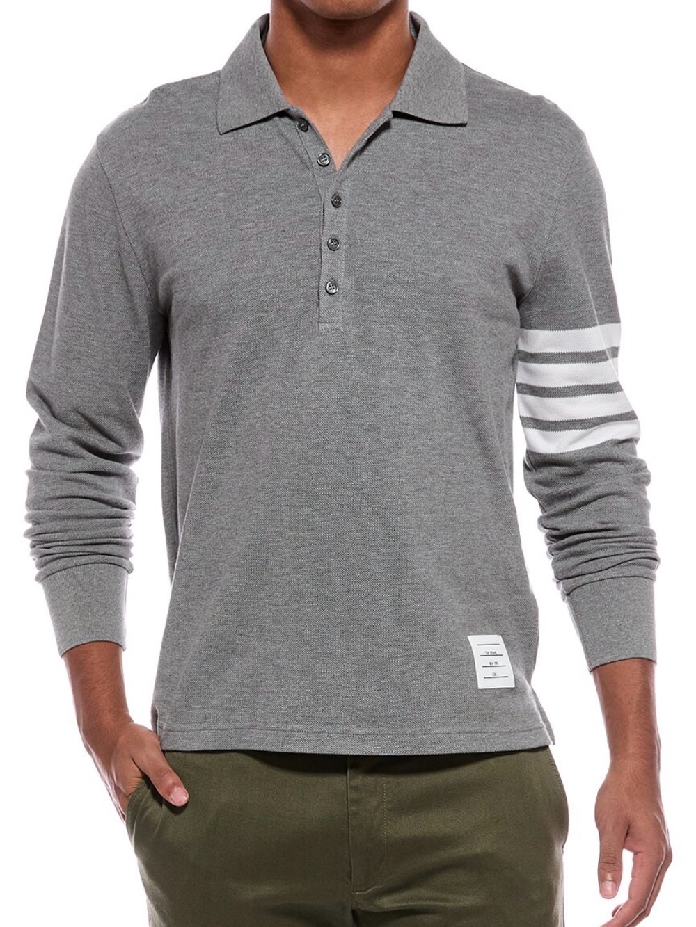 Thom Browne Grey Long-Sleeve Polo with White Sleeve Stripes
